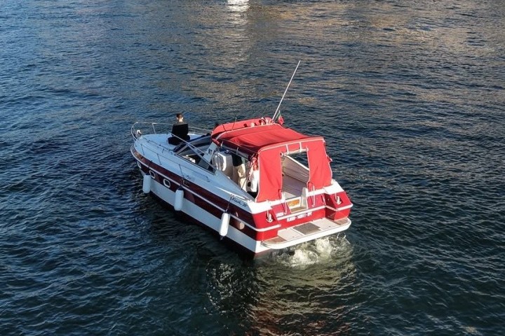 Motorboat with red canopy cruising on a calm water body.