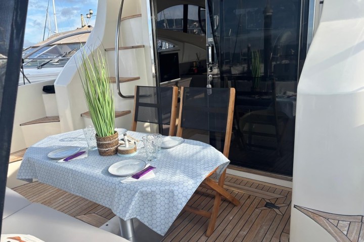 Table set for two on boat deck with potted plant centerpiece.